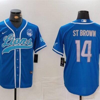 Men's Detroit Lions #14 Amon-Ra St. Brown Blue With 90th Anniversary Patch Cool Base Stitched Baseball Jersey