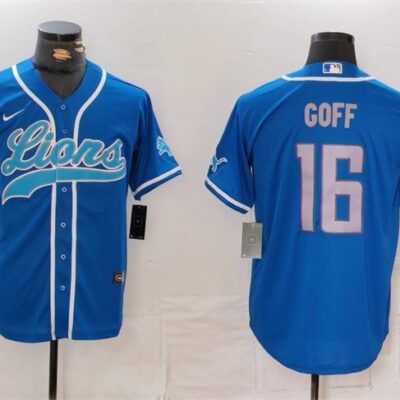 Men's Detroit Lions #16 Jared Goff Blue Cool Base Stitched Baseball Jersey