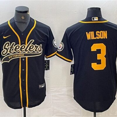 Men's Pittsburgh Steelers #3 Russell Wilson Black Gold With Patch Cool Base Stitched Baseball Jersey