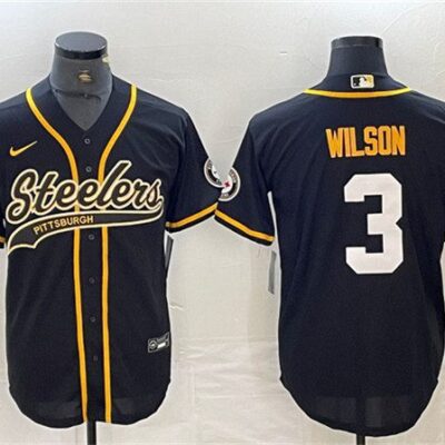 Men's Pittsburgh Steelers #3 Russell Wilson Black With Patch Cool Base Stitched Baseball Jersey