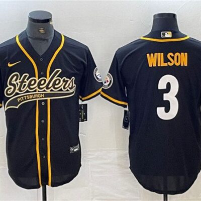 Men's Pittsburgh Steelers #3 Russell Wilson Black With Patch Cool Base Stitched Baseball Jersey