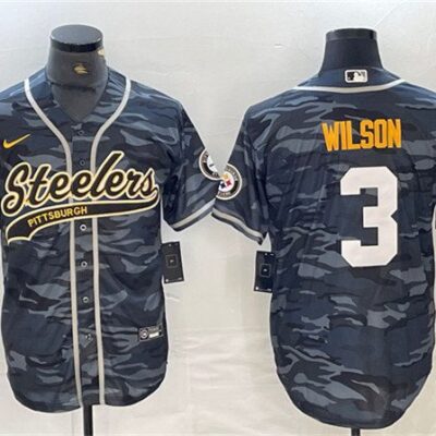 Men's Pittsburgh Steelers #3 Russell Wilson Gray Camo With Patch Cool Base Stitched Baseball Jersey