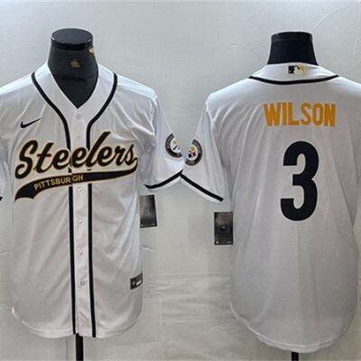 Men's Pittsburgh Steelers #3 Russell Wilson White With Patch Cool Base Stitched Baseball Jersey