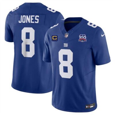 New York Giants #8 Daniel Jones Blue 2024 F.U.S.E. With 4-Star C Patch And 100TH Season Patch Vapor Untouchable Limited Stitched Jersey