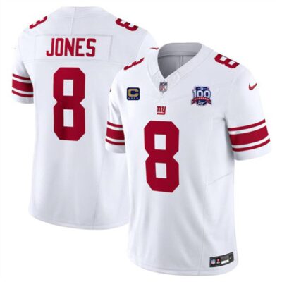 New York Giants #8 Daniel Jones White 2024 F.U.S.E. With 4-Star C Patch And 100TH Season Patch Vapor Untouchable Limited Stitched Jersey