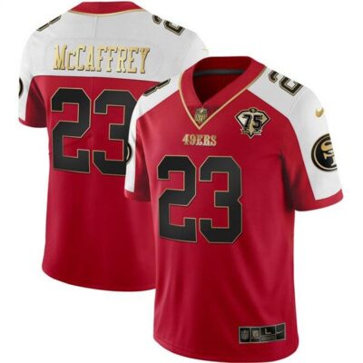 San Francisco 49ers #23 Christian McCaffrey Red Gold With 75th Patch Vapor Limited Football Stitched Jersey