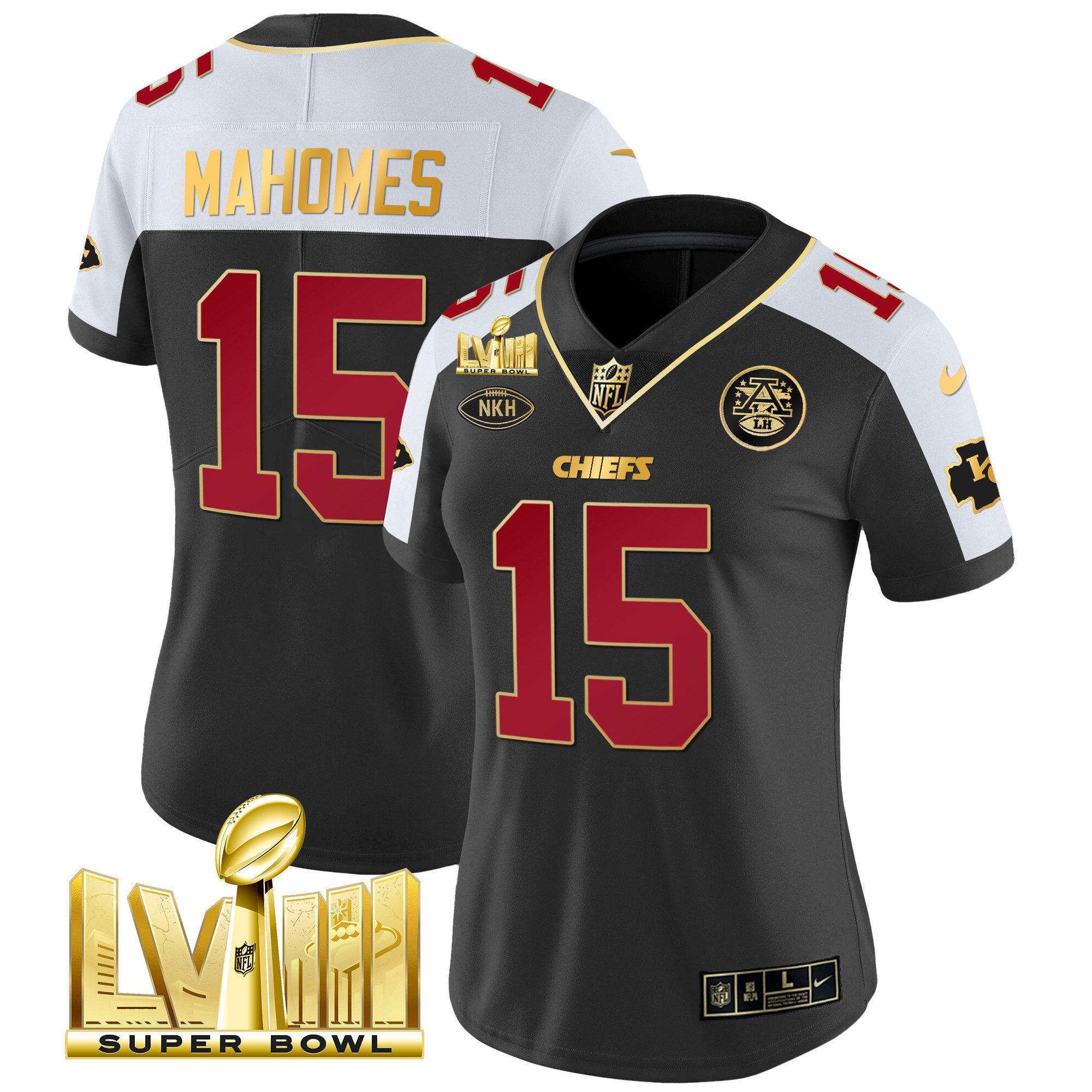 Women Kansas City Chiefs Super Bowl LVIII Gold Patch Vapor Jersey