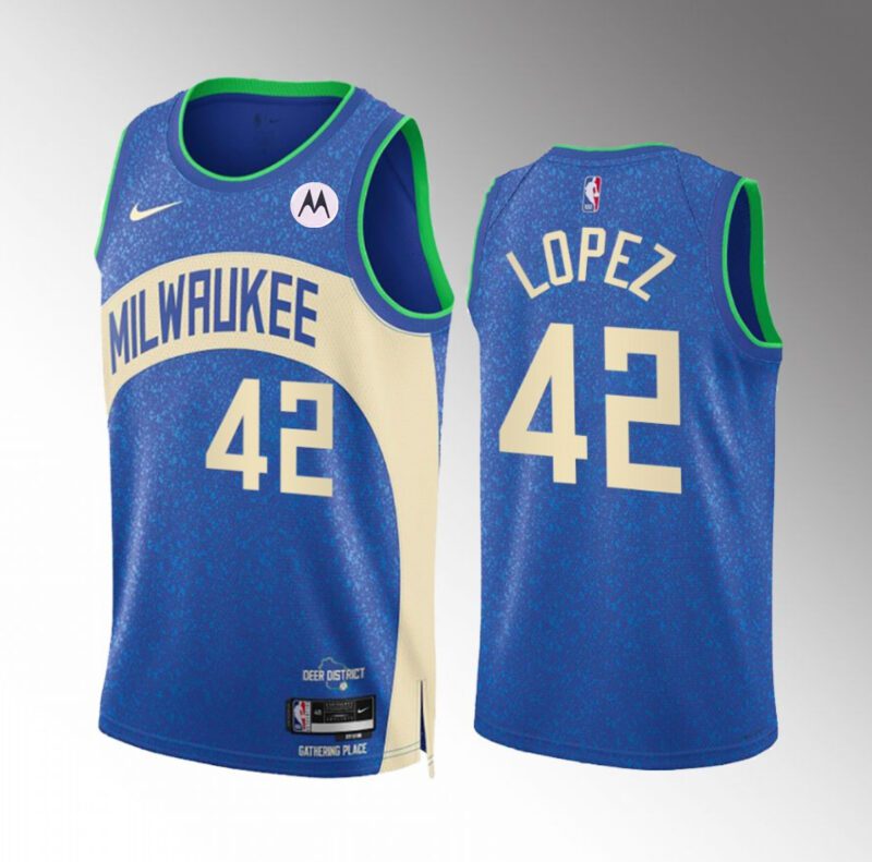 Milwaukee Bucks #42 Robin Lopez Blue 2023/24 City Edition Stitched Basketball Jersey