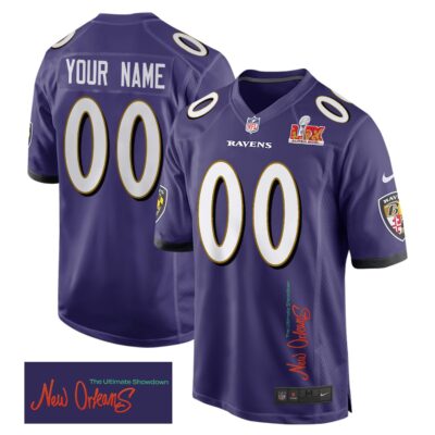 Baltimore Ravens Super Bowl LIX 'New Orleans - The Ultimate Showdown' Game Men Custom Jersey - Purple