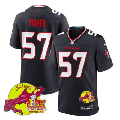 Blake Fisher 57 Houston Texans Super Bowl LIX New Orleans Patch Game Men Jersey - Navy
