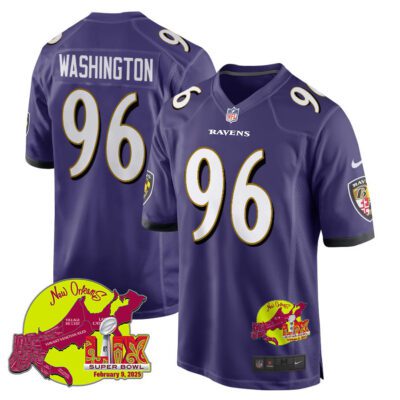 Broderick Washington 96 Baltimore Ravens Super Bowl LIX New Orleans Patch Game Men Jersey - Purple