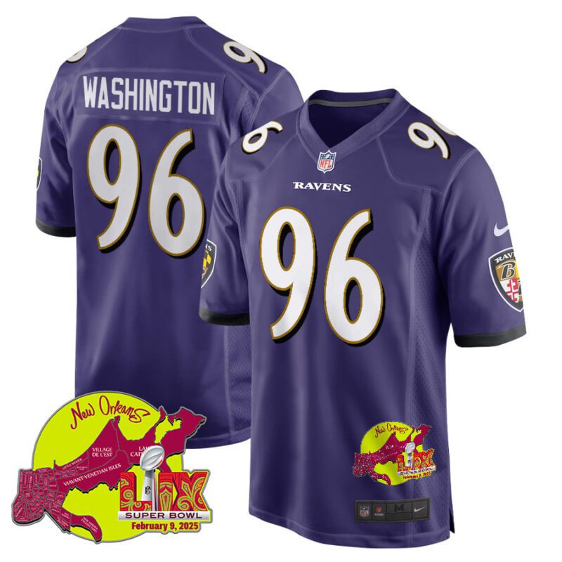 Broderick Washington 96 Baltimore Ravens Super Bowl LIX New Orleans Patch Game Men Jersey - Purple