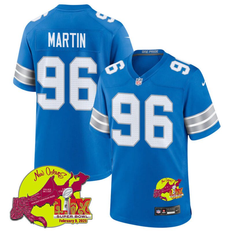 Brodric Martin 96 Detroit Lions Super Bowl LIX New Orleans Patch Game Men Jersey - Blue