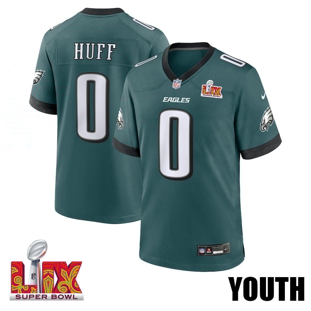 Bryce Huff #0 Philadelphia Eagles Super Bowl LIX Youth Jersey - Midnight Green
