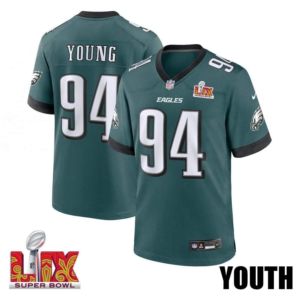 Byron Young #94 Philadelphia Eagles Super Bowl LIX Youth Jersey - Midnight Green