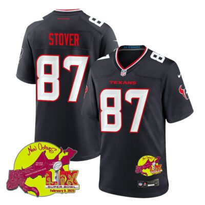 Cade Stover 87 Houston Texans Super Bowl LIX New Orleans Patch Game Men Jersey - Navy