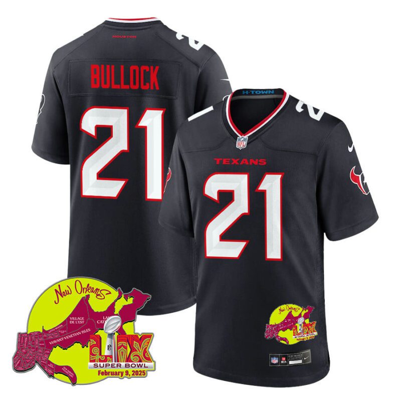 Calen Bullock 21 Houston Texans Super Bowl LIX New Orleans Patch Game Men Jersey - Navy
