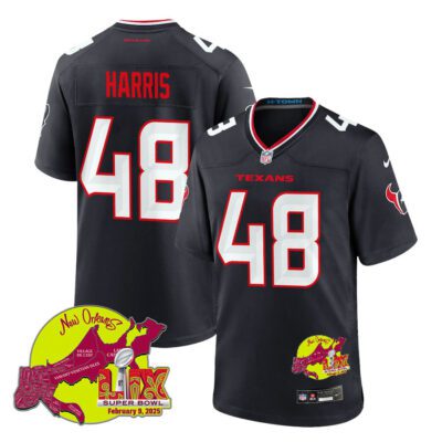 Christian Harris 48 Houston Texans Super Bowl LIX New Orleans Patch Game Men Jersey - Navy
