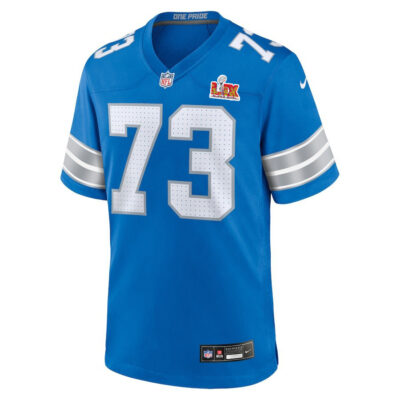 Alternative view of Christian Mahogany #73 Detroit Lions Super Bowl LIX Jersey - Men's - Blue
