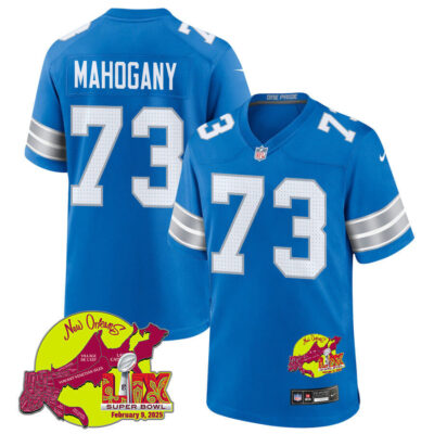 Christian Mahogany 73 Detroit Lions Super Bowl LIX New Orleans Patch Game Men Jersey - Blue