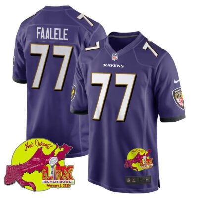 Daniel Faalele 77 Baltimore Ravens Super Bowl LIX New Orleans Patch Game Men Jersey - Purple