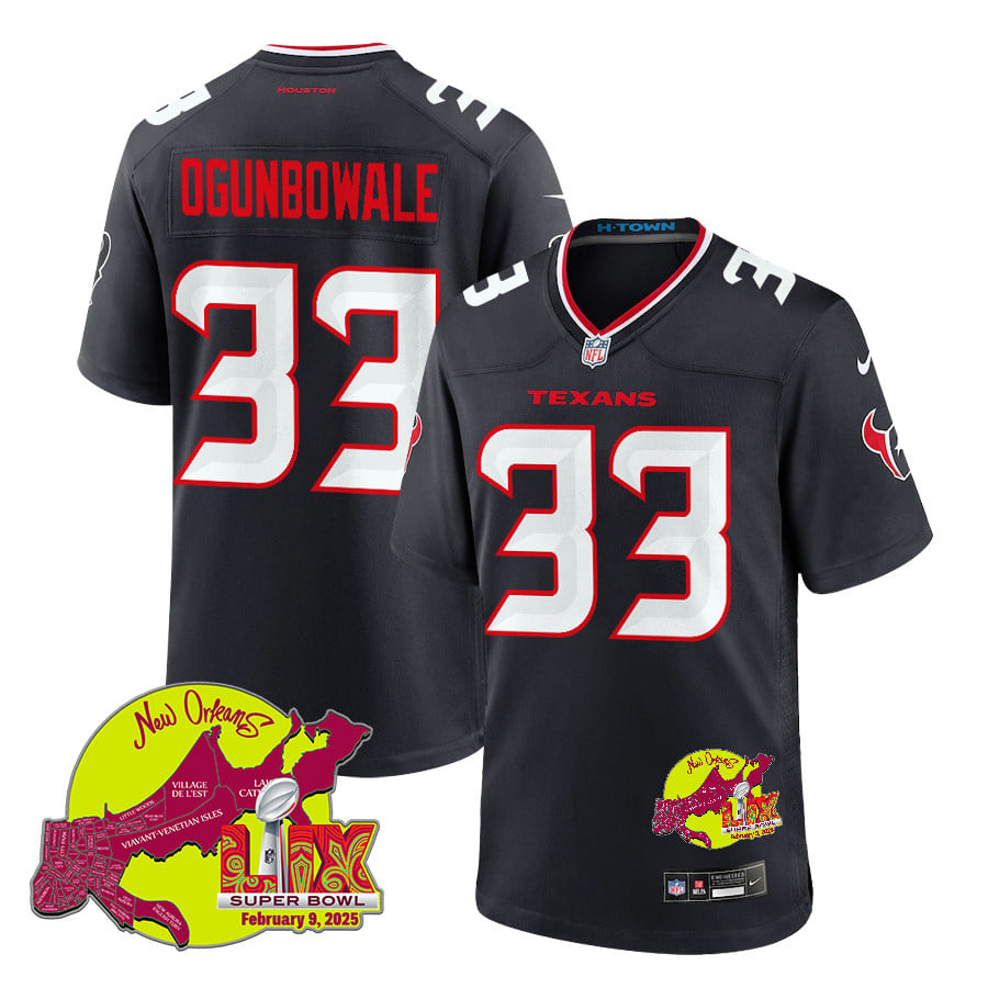 Dare Ogunbowale 33 Houston Texans Super Bowl LIX New Orleans Patch Game Men Jersey - Navy