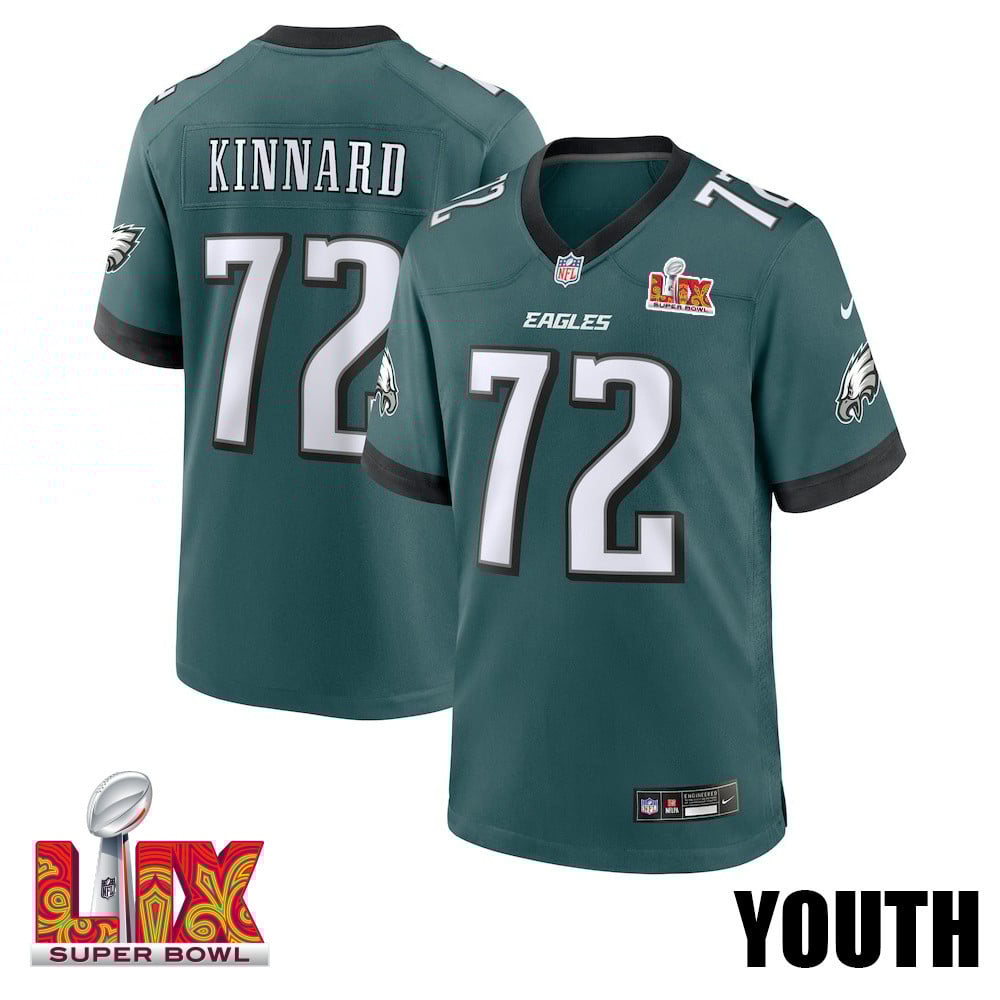 Darian Kinnard #72 Philadelphia Eagles Super Bowl LIX Youth Jersey - Midnight Green