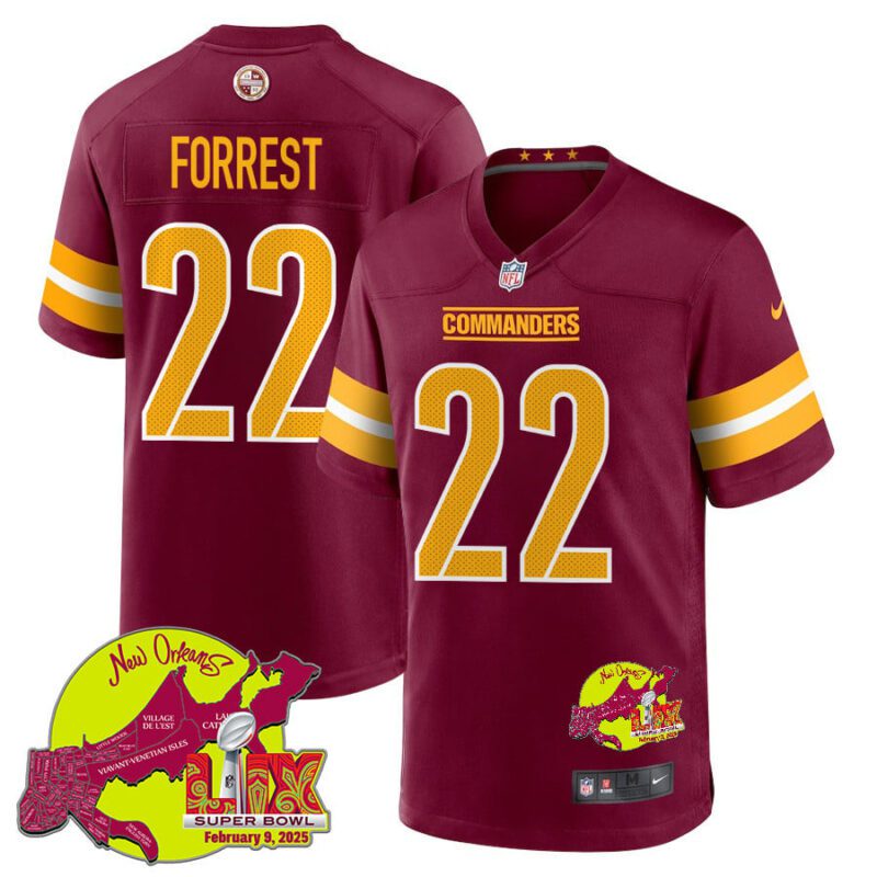 Darrick Forrest 22 Washington Commanders Super Bowl LIX New Orleans Patch Game Men Jersey - Burgundy