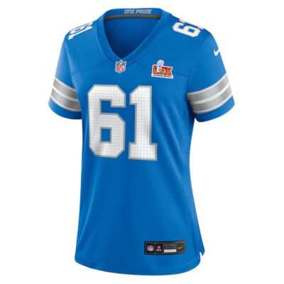 Alternative view of David Bada #61 Detroit Lions Super Bowl LIX Women's Jersey - Blue