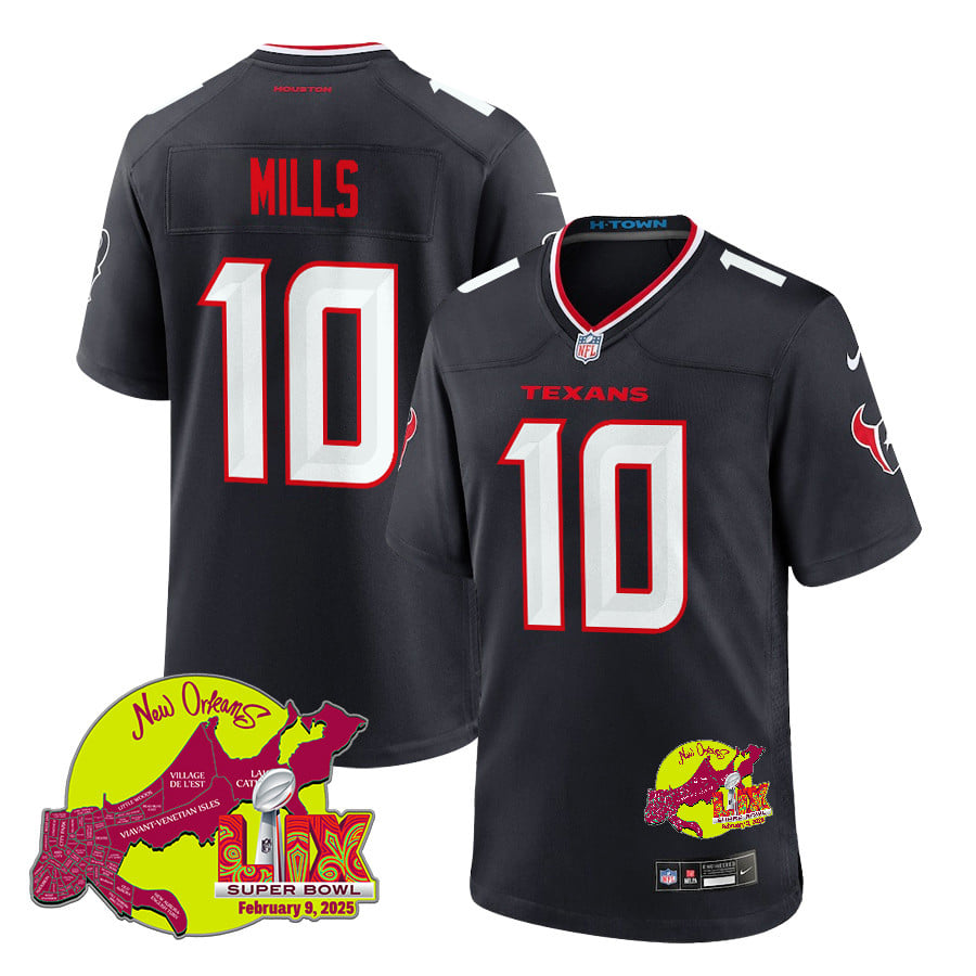 Davis Mills 10 Houston Texans Super Bowl LIX New Orleans Patch Game Men Jersey - Navy