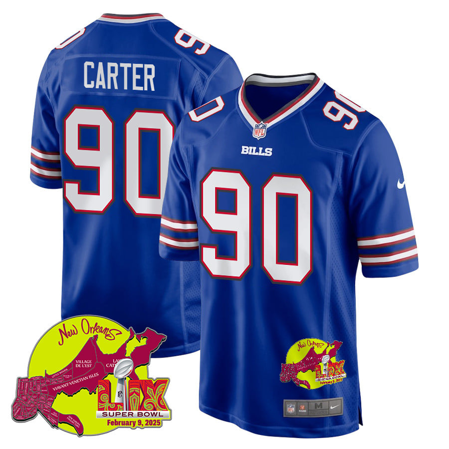 DeWayne Carter 90 Buffalo Bills Super Bowl LIX New Orleans Patch Game Men Jersey - Royal