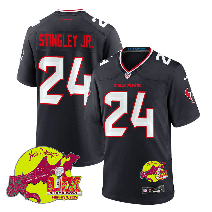 Derek Stingley Jr. 24 Houston Texans Super Bowl LIX New Orleans Patch Game Men Jersey - Navy