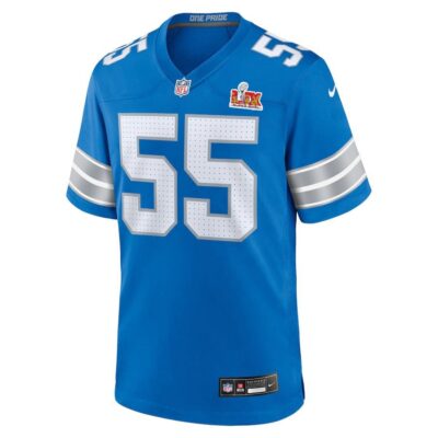 Alternative view of Derrick Barnes #55 Detroit Lions Super Bowl LIX Youth Jersey - Blue
