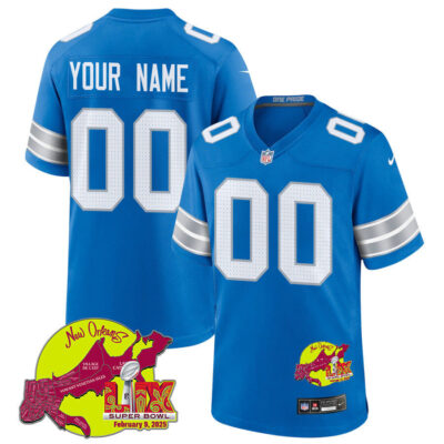 Detroit Lions Super Bowl LIX New Orleans Patch Game Men Custom Jersey - Blue