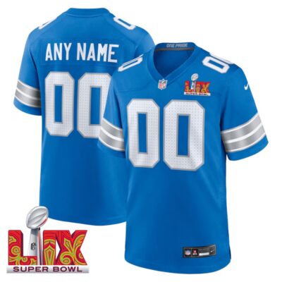 Detroit Lions Super Bowl LIX Patch Game Men Custom Jersey - Blue