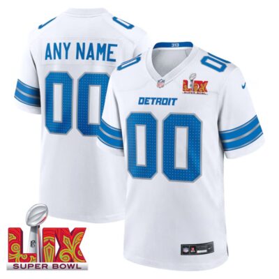 Detroit Lions Super Bowl LIX Patch Game Men Custom Jersey - White
