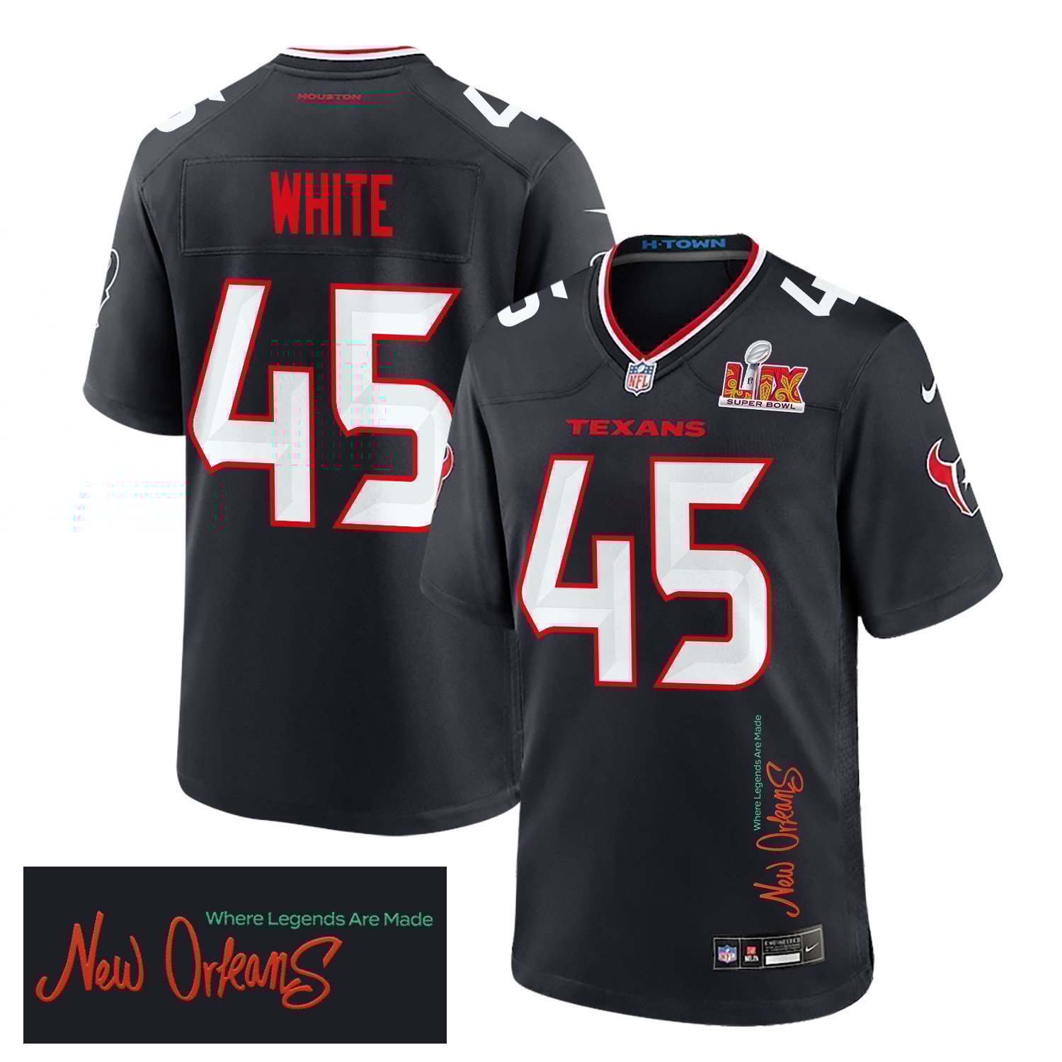 Devin White 45 Houston Texans Super Bowl LIX 'New Orleans - Where Legends Are Made' Game Men Jersey - Navy