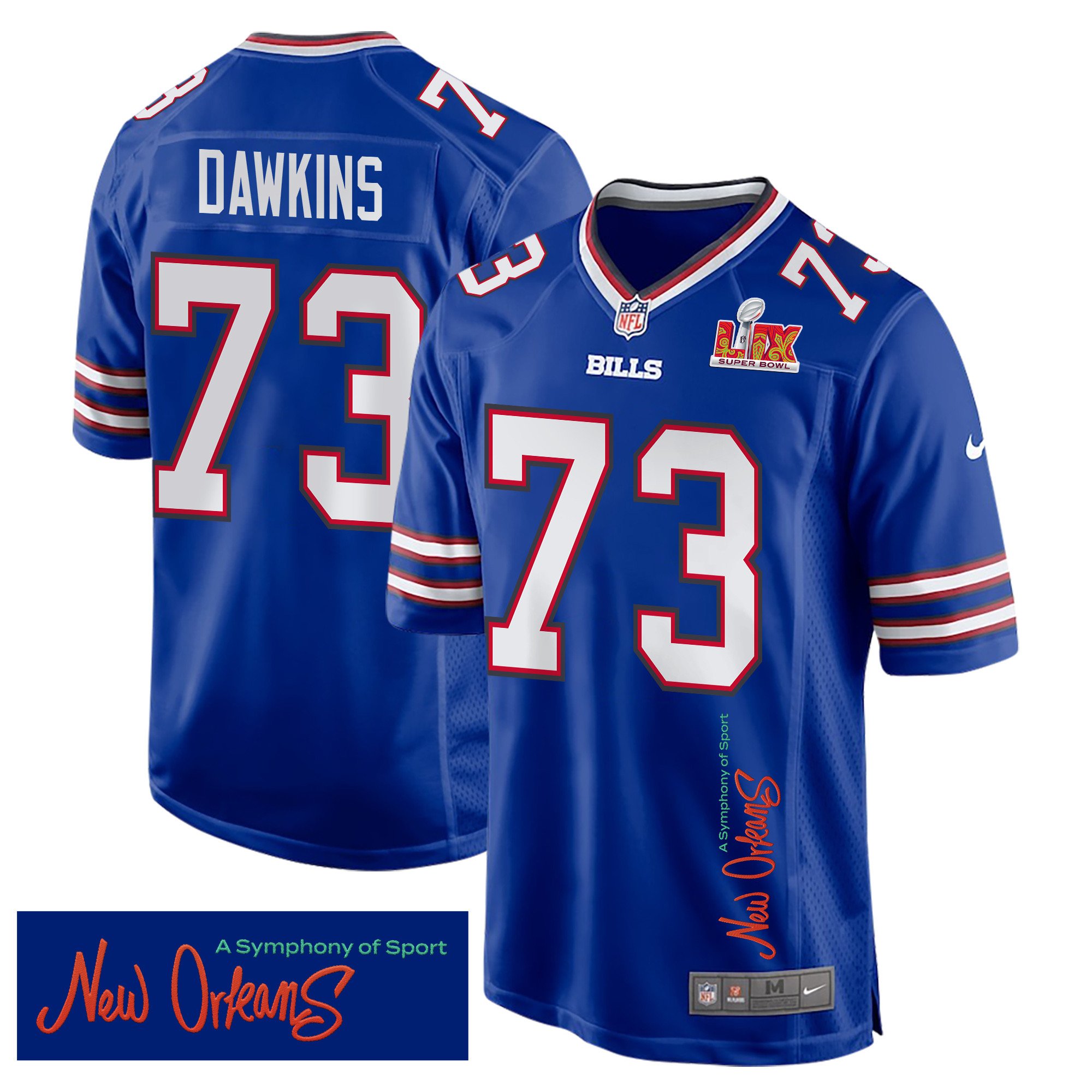 Dion Dawkins 73 Buffalo Bills Super Bowl LIX 'New Orleans - A Symphony of Sport' Game Men Jersey - Royal