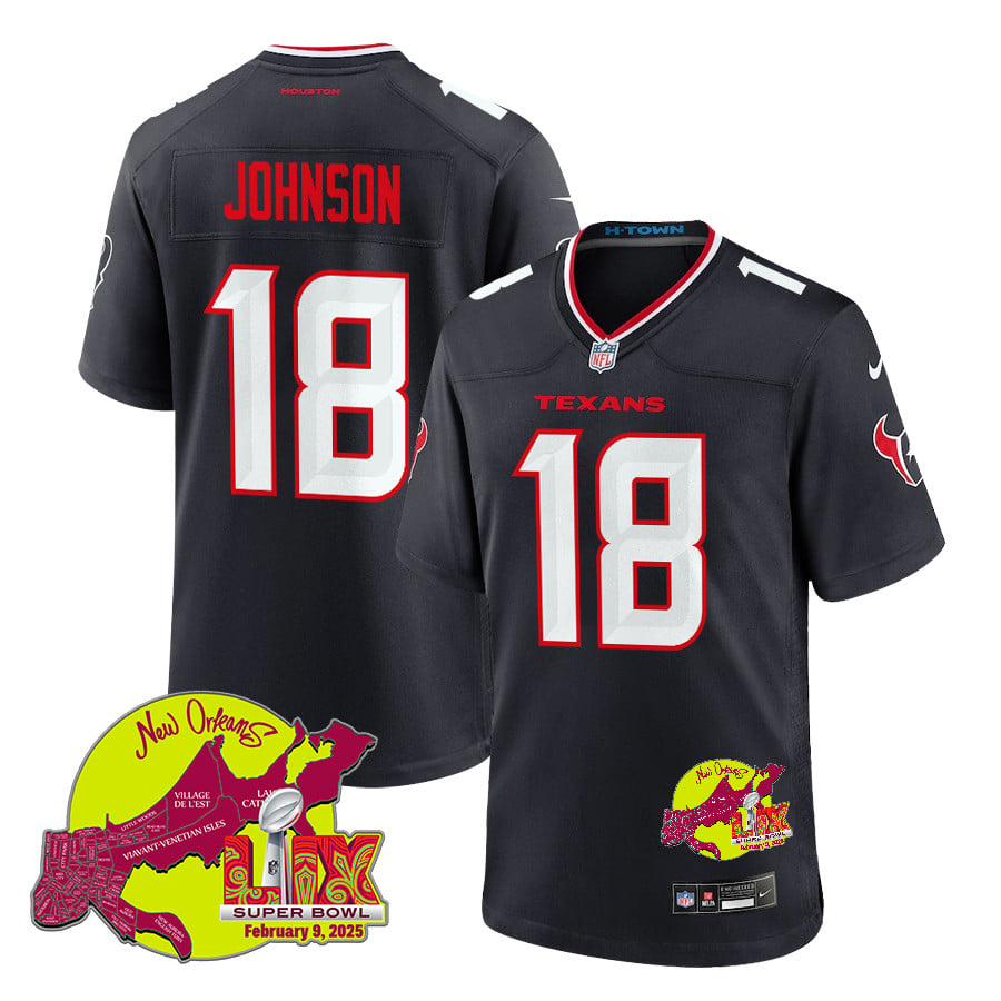 Diontae Johnson 18 Houston Texans Super Bowl LIX New Orleans Patch Game Men Jersey - Navy