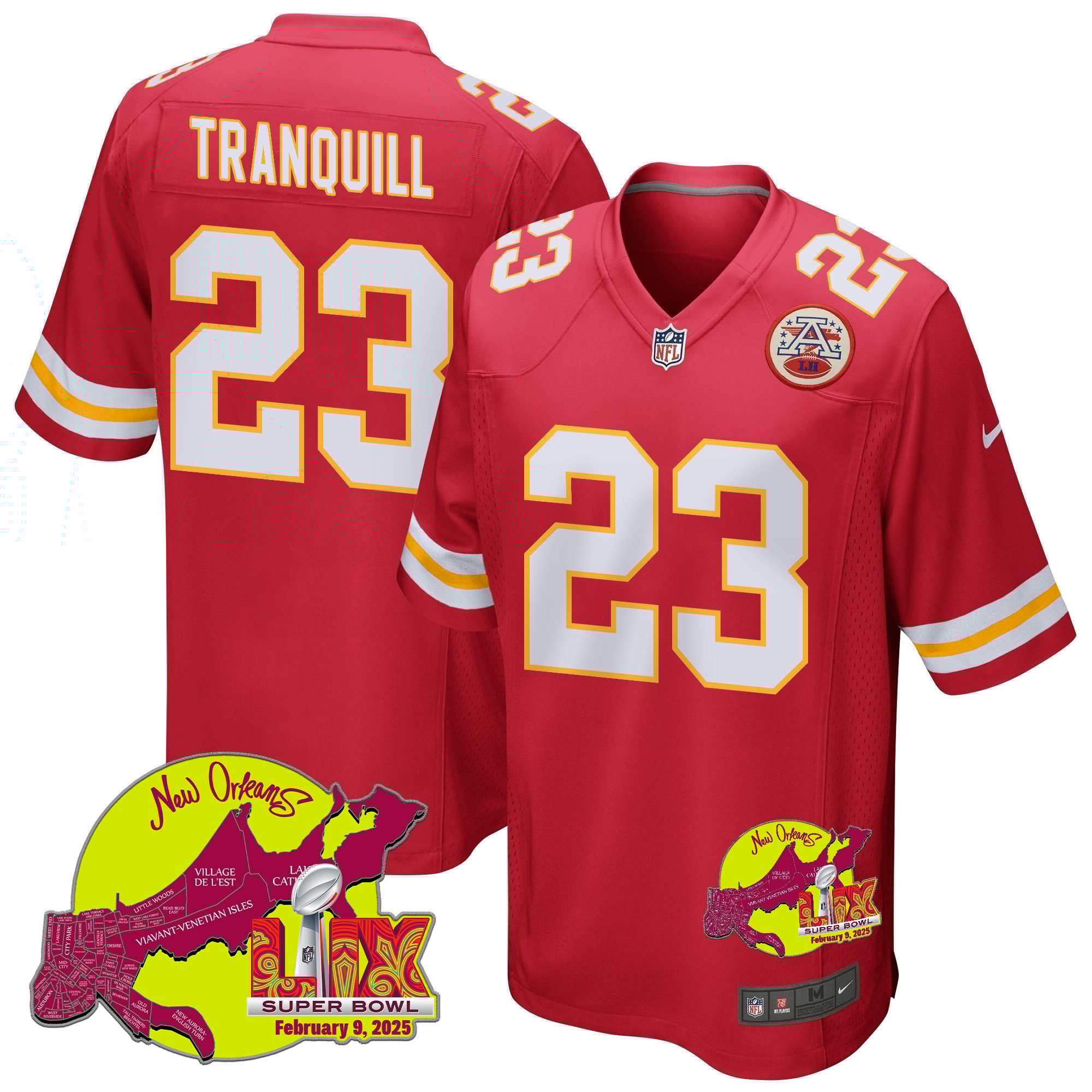Drue Tranquill 23 Kansas City Chiefs Super Bowl LIX New Orleans Patch Game Men Jersey - Red