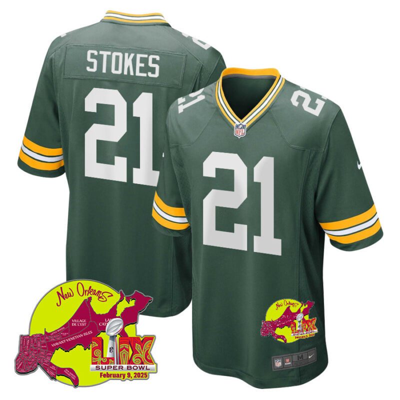 Eric Stokes 21 Green Bay Packers Super Bowl LIX New Orleans Patch Game Men Jersey - Green