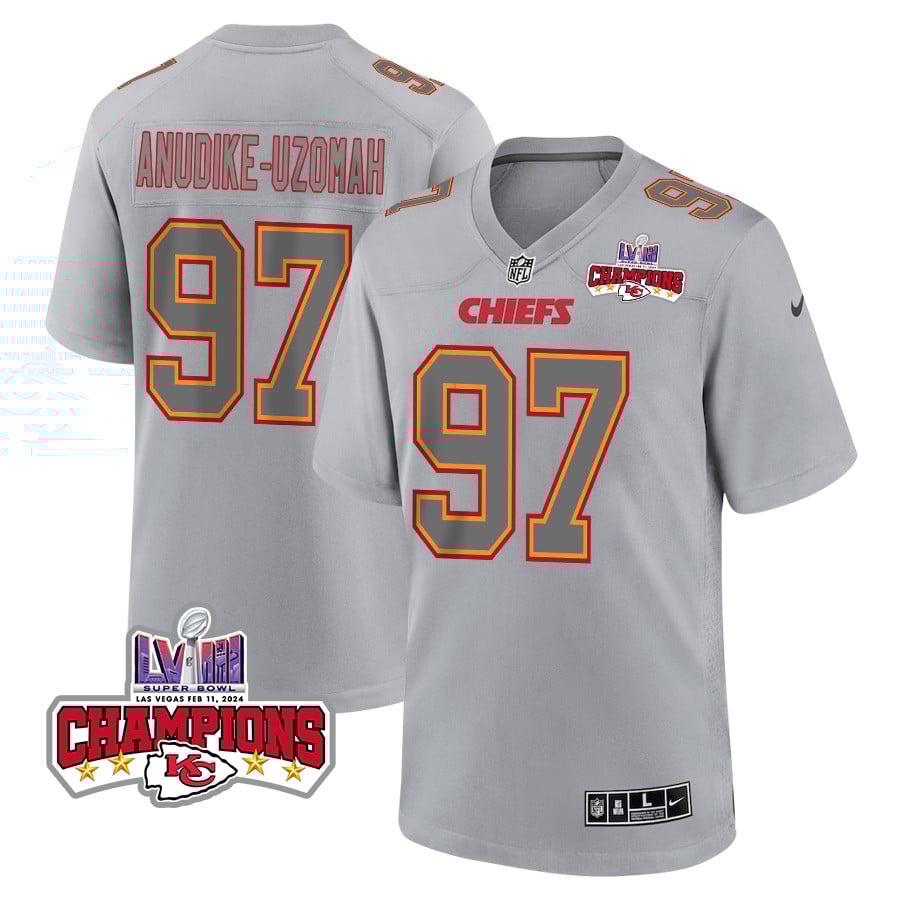 Felix Anudike-Uzomah 97 Kansas City Chiefs Super Bowl LVIII Champions 4 Stars Patch Atmosphere Fashion Game Men Jersey - Gray