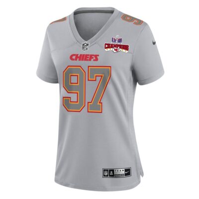 Alternative view of Felix Anudike-Uzomah 97 Kansas City Chiefs Super Bowl LVIII Champions 4 Stars Patch Atmosphere Fashion Game Women Jersey - Gray