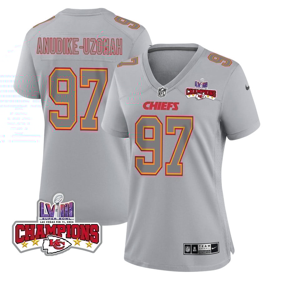 Felix Anudike-Uzomah 97 Kansas City Chiefs Super Bowl LVIII Champions 4 Stars Patch Atmosphere Fashion Game Women Jersey - Gray