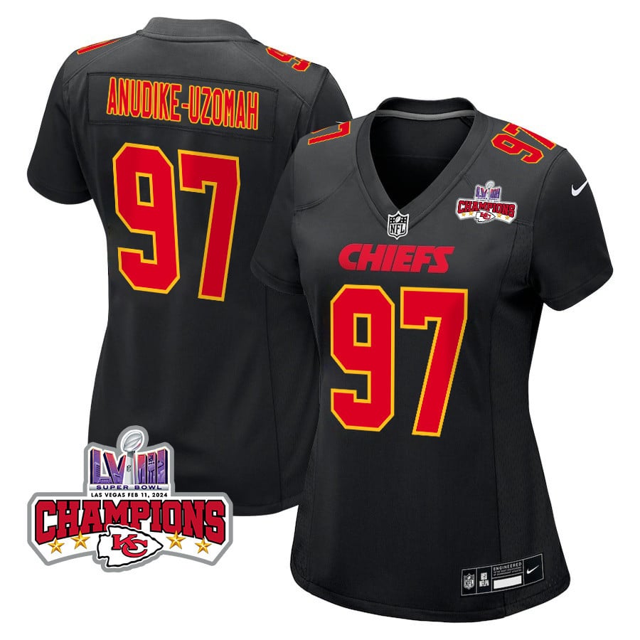 Felix Anudike-Uzomah 97 Kansas City Chiefs Super Bowl LVIII Champions 4 Stars Patch Fashion Game Women Jersey - Carbon Black