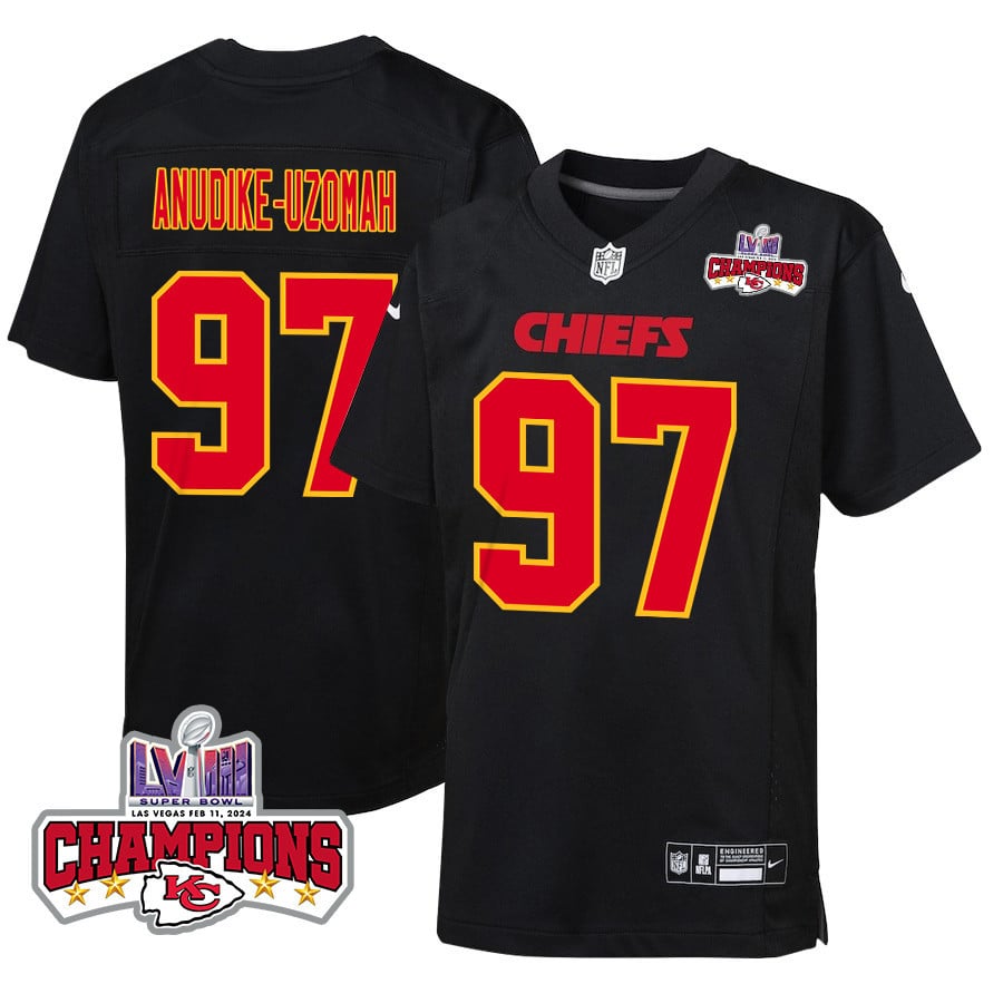 Felix Anudike-Uzomah 97 Kansas City Chiefs Super Bowl LVIII Champions 4 Stars Patch Fashion Game Youth Jersey - Carbon Black