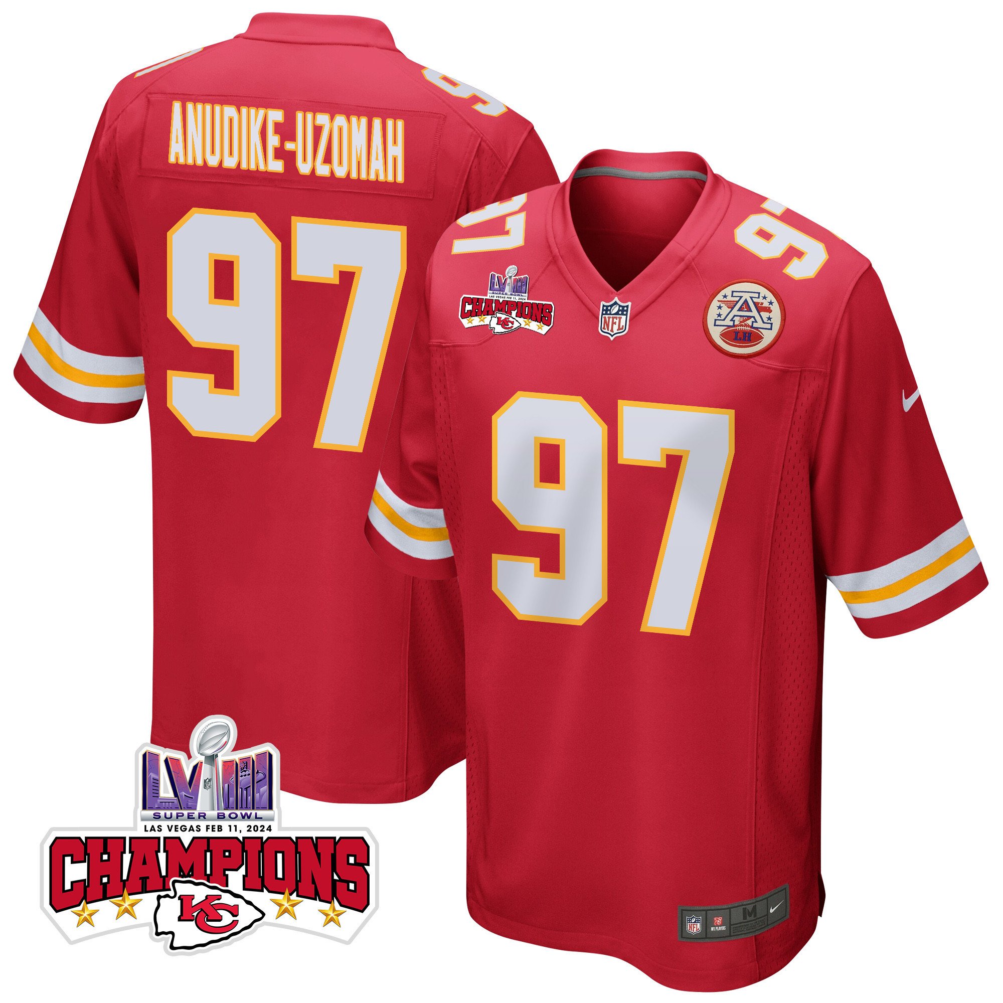 Felix Anudike-Uzomah 97 Kansas City Chiefs Super Bowl LVIII Champions 4 Stars Patch Game Men Jersey - Red