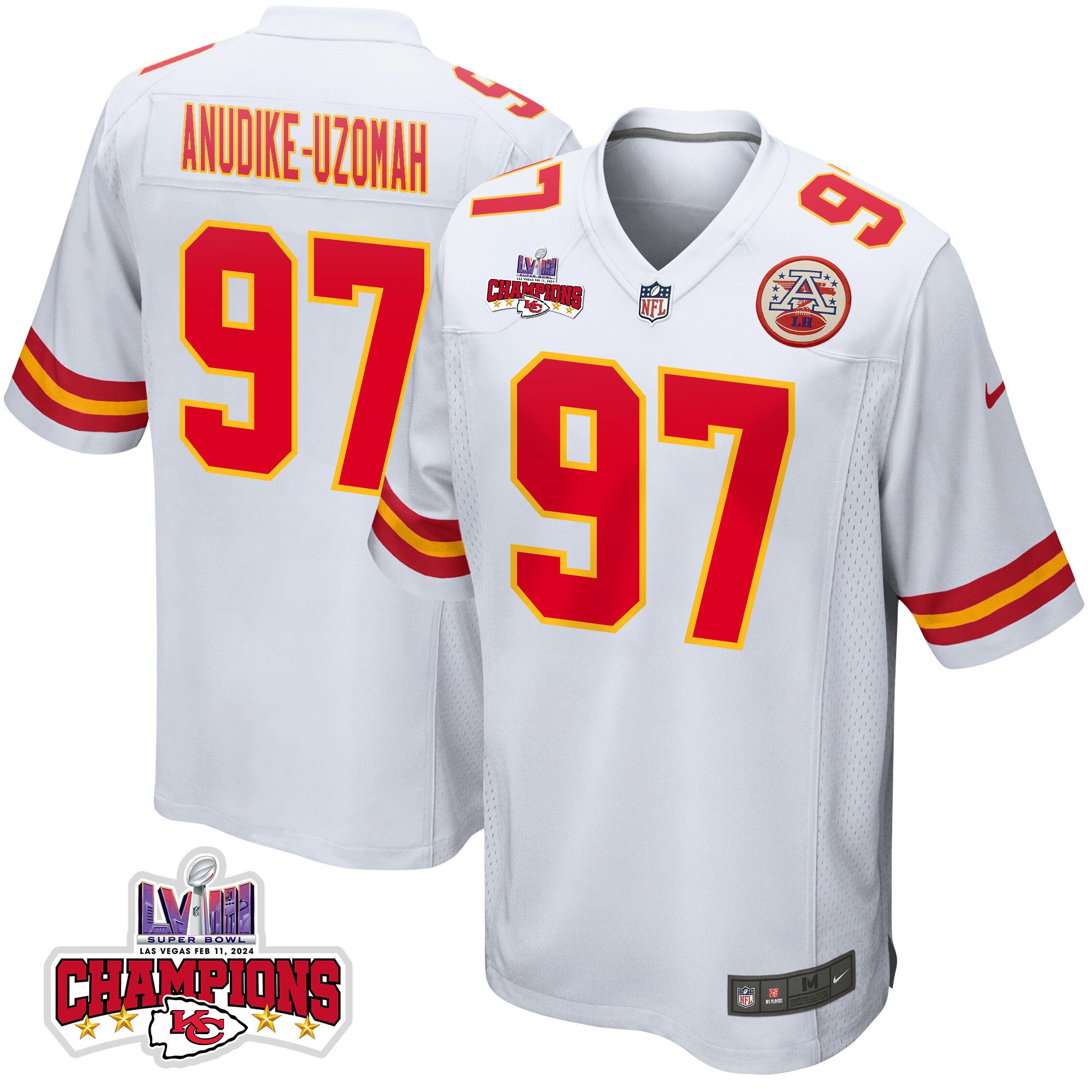Felix Anudike-Uzomah 97 Kansas City Chiefs Super Bowl LVIII Champions 4 Stars Patch Game Men Jersey - White