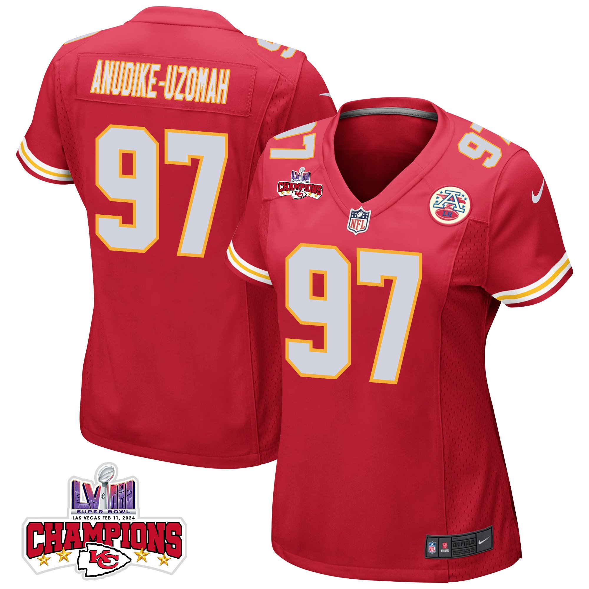 Felix Anudike-Uzomah 97 Kansas City Chiefs Super Bowl LVIII Champions 4 Stars Patch Game Women Jersey - Red