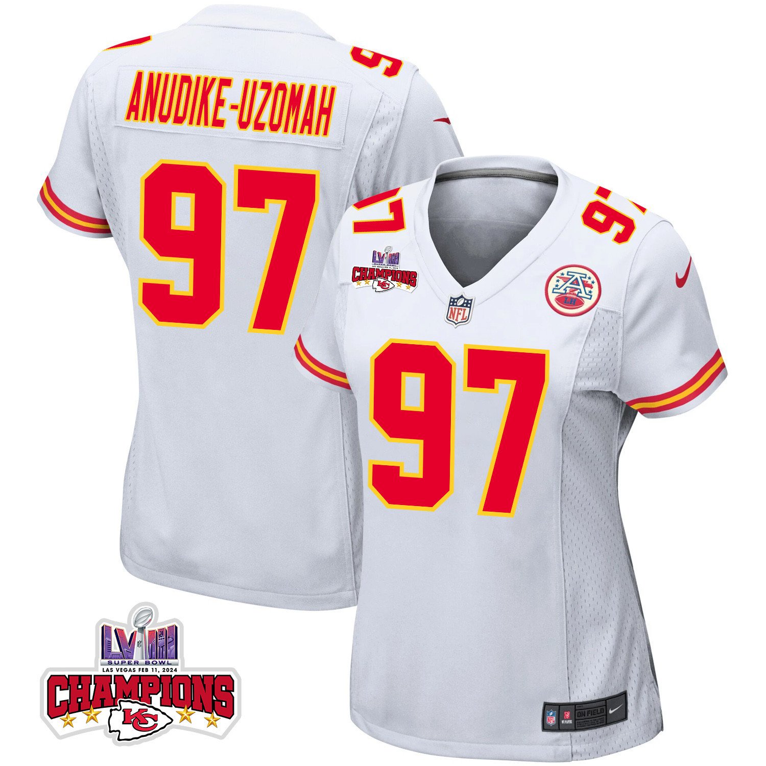 Felix Anudike-Uzomah 97 Kansas City Chiefs Super Bowl LVIII Champions 4 Stars Patch Game Women Jersey - White
